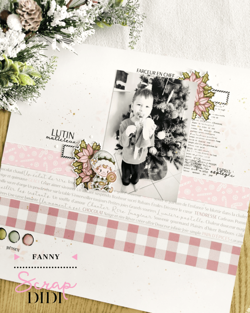 Page “Lutin malicieux” : souvenir de Noël en scrapbooking tout en douceur