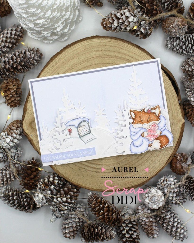 Carte hivernale : paysage givré et renard tout doux en scrapbooking