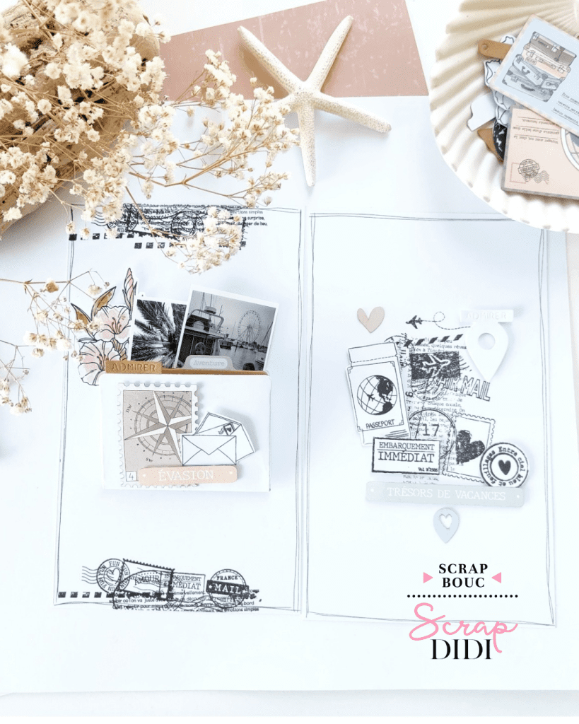 Double page scrapbooking « Évasion » avec Carnet de bord