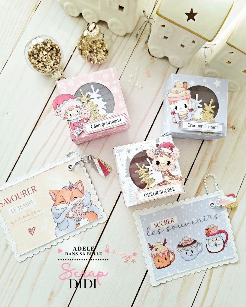 Ensemble cadeaux : boîtes et étiquettes pour des fêtes 