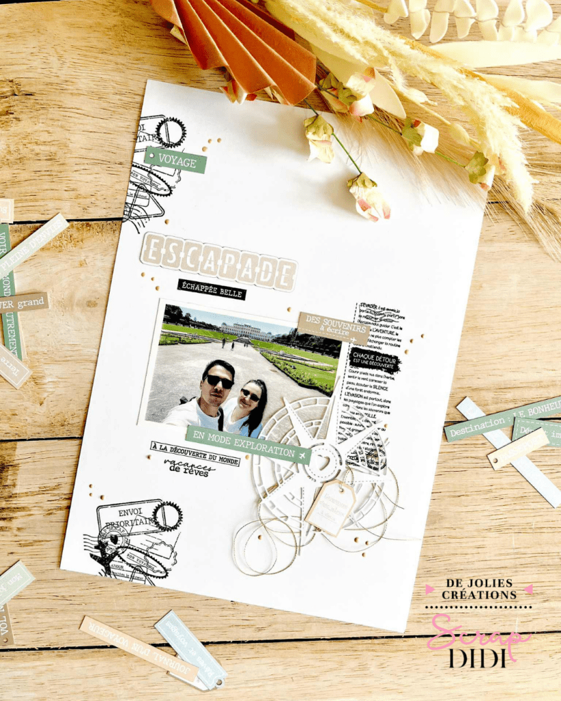 Page de scrapbooking "Escapade" avec die boussole et touches dorées
