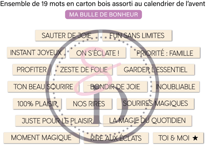 Lot d’embellissements mots en carton bois – Ma bulle de bonheur