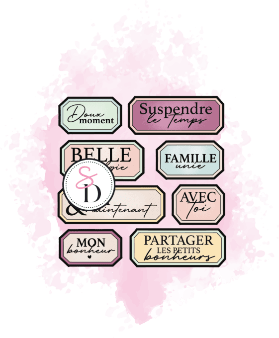 Tampon caoutchouc - Set d'étiquettes - Le sablier du temps