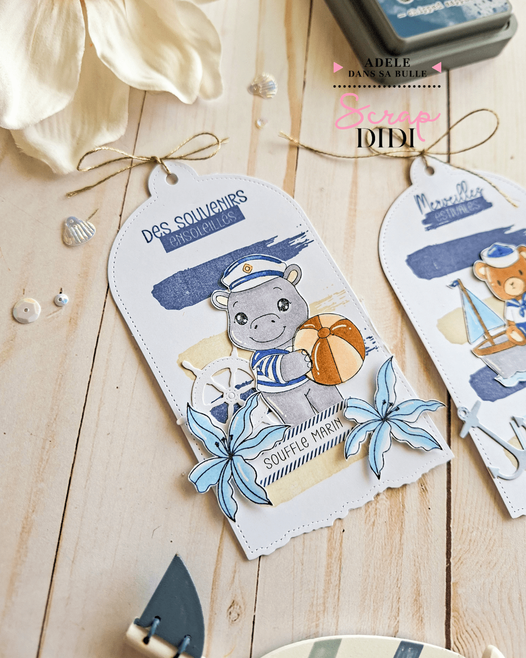 Duo d'étiquettes marines avec petits oursons, hippopotame et collection Un air marin Duo d'étiquettes marines avec petits oursons, hippopotame et collection Un air marin