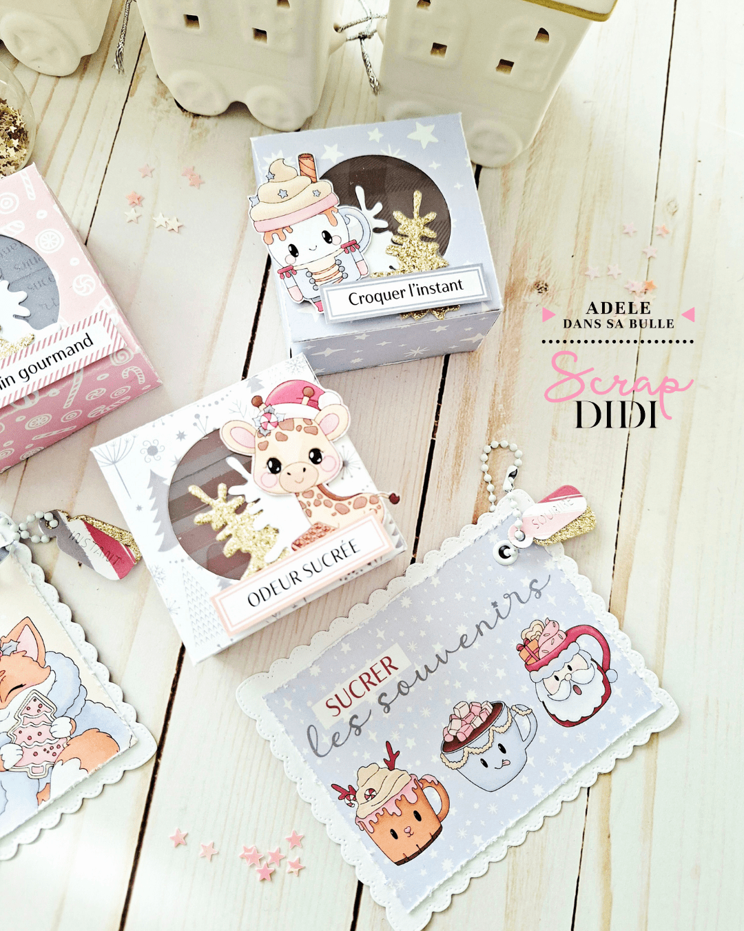 Ensemble de boîtes et étiquettes cadeaux en scrapbooking réalisé avec la collection Douceurs d’Hiver Scrap Didi Ensemble de boîtes et étiquettes cadeaux en scrapbooking réalisé avec la collection Douceurs d’Hiver Scrap Didi