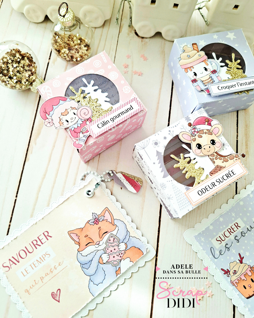 Ensemble de boîtes et étiquettes cadeaux en scrapbooking réalisé avec la collection Douceurs d’Hiver Scrap Didi Ensemble de boîtes et étiquettes cadeaux en scrapbooking réalisé avec la collection Douceurs d’Hiver Scrap Didi