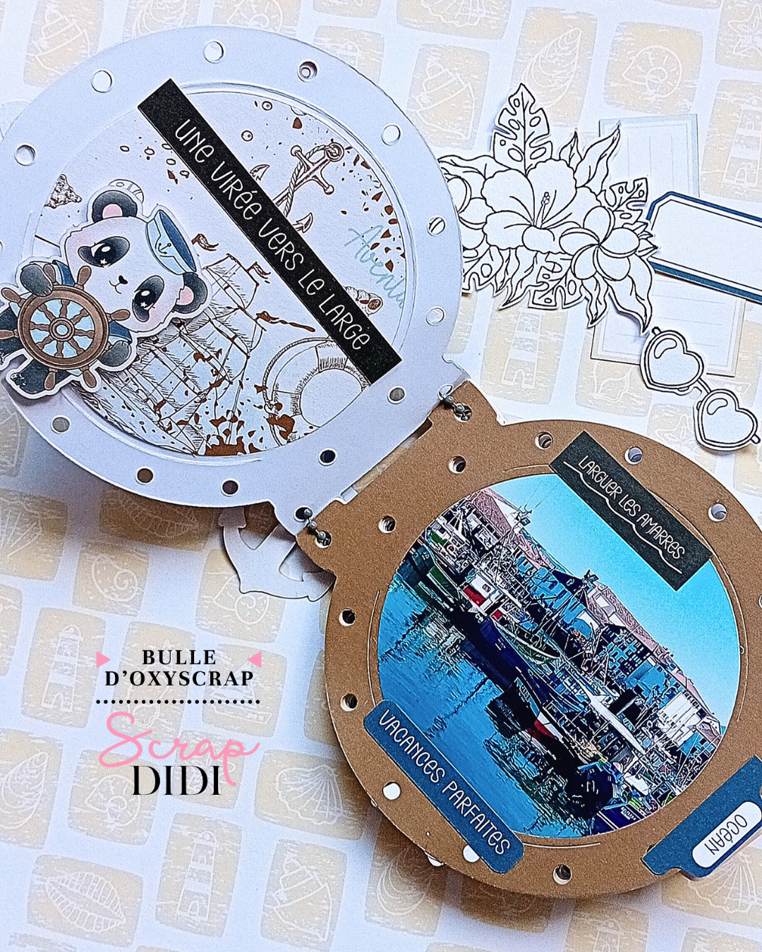 Mini album Hublot réalisé avec la collection Un air marin et une couverture en acétate Mini album Hublot réalisé avec la collection Un air marin et une couverture en acétate
