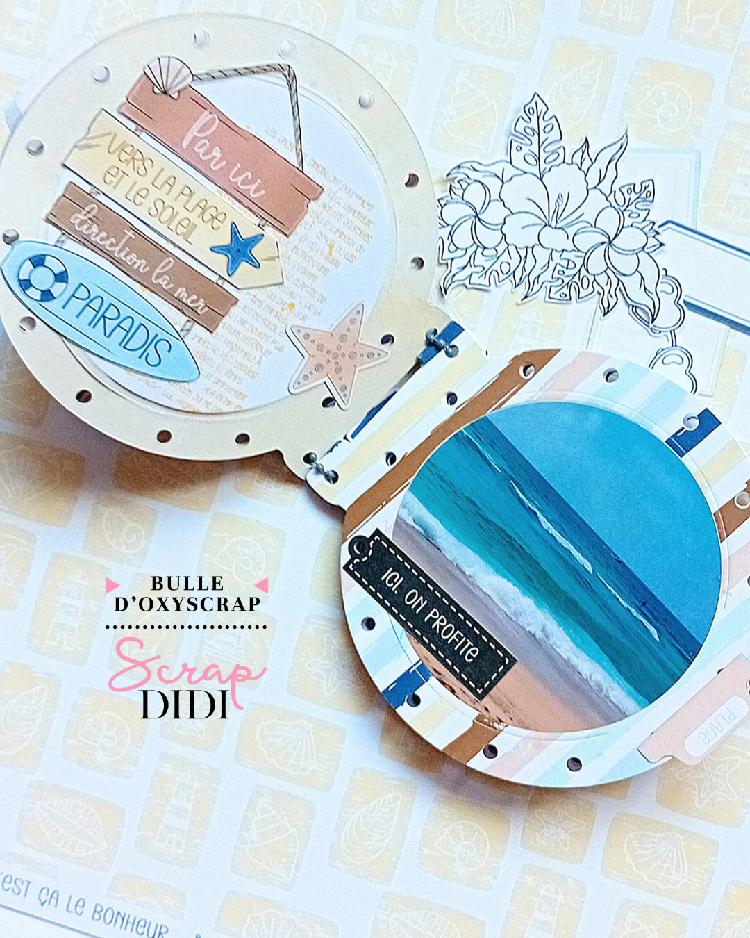 Mini album Hublot réalisé avec la collection Un air marin et une couverture en acétate Mini album Hublot réalisé avec la collection Un air marin et une couverture en acétate