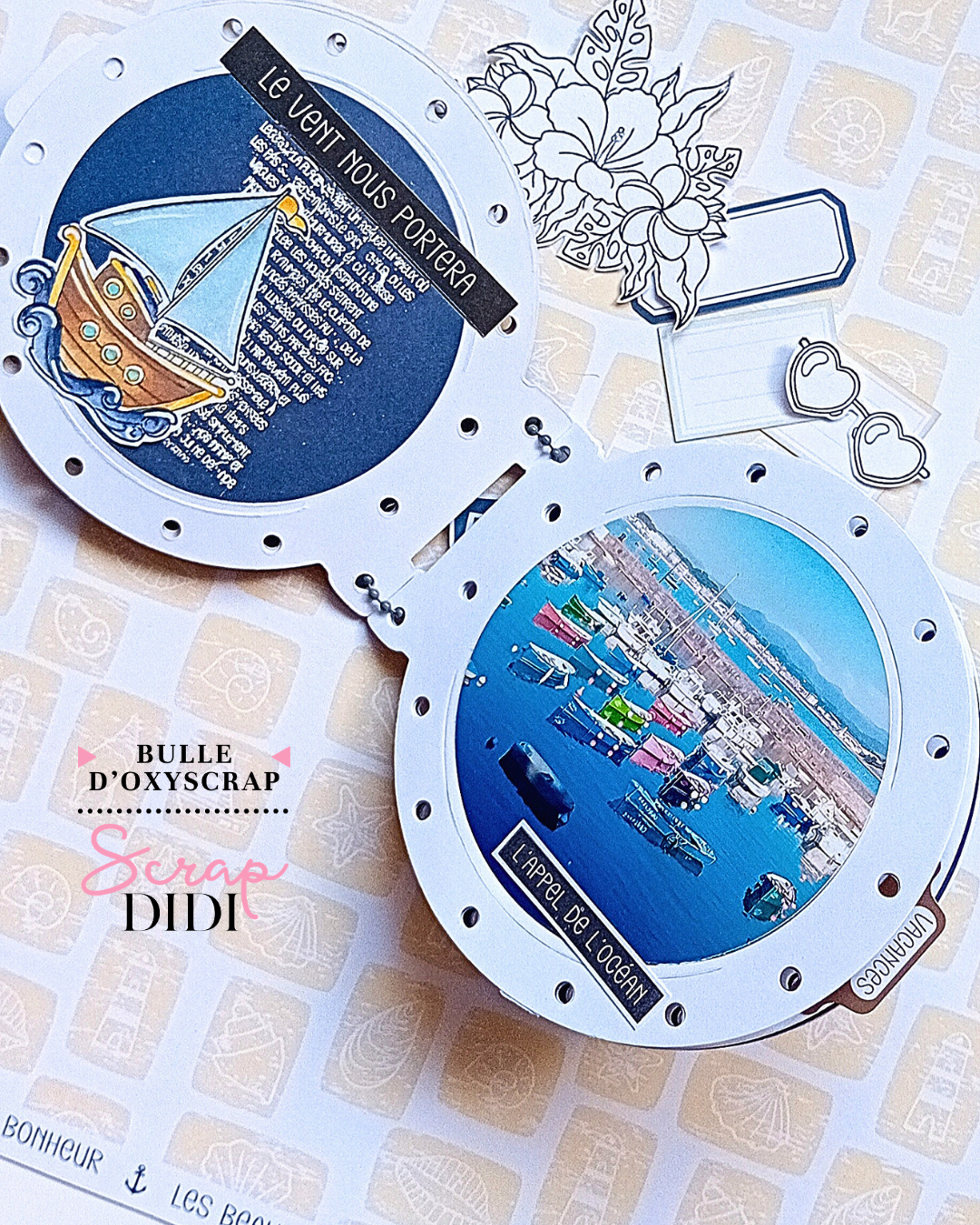 Mini album Hublot réalisé avec la collection Un air marin et une couverture en acétate Mini album Hublot réalisé avec la collection Un air marin et une couverture en acétate
