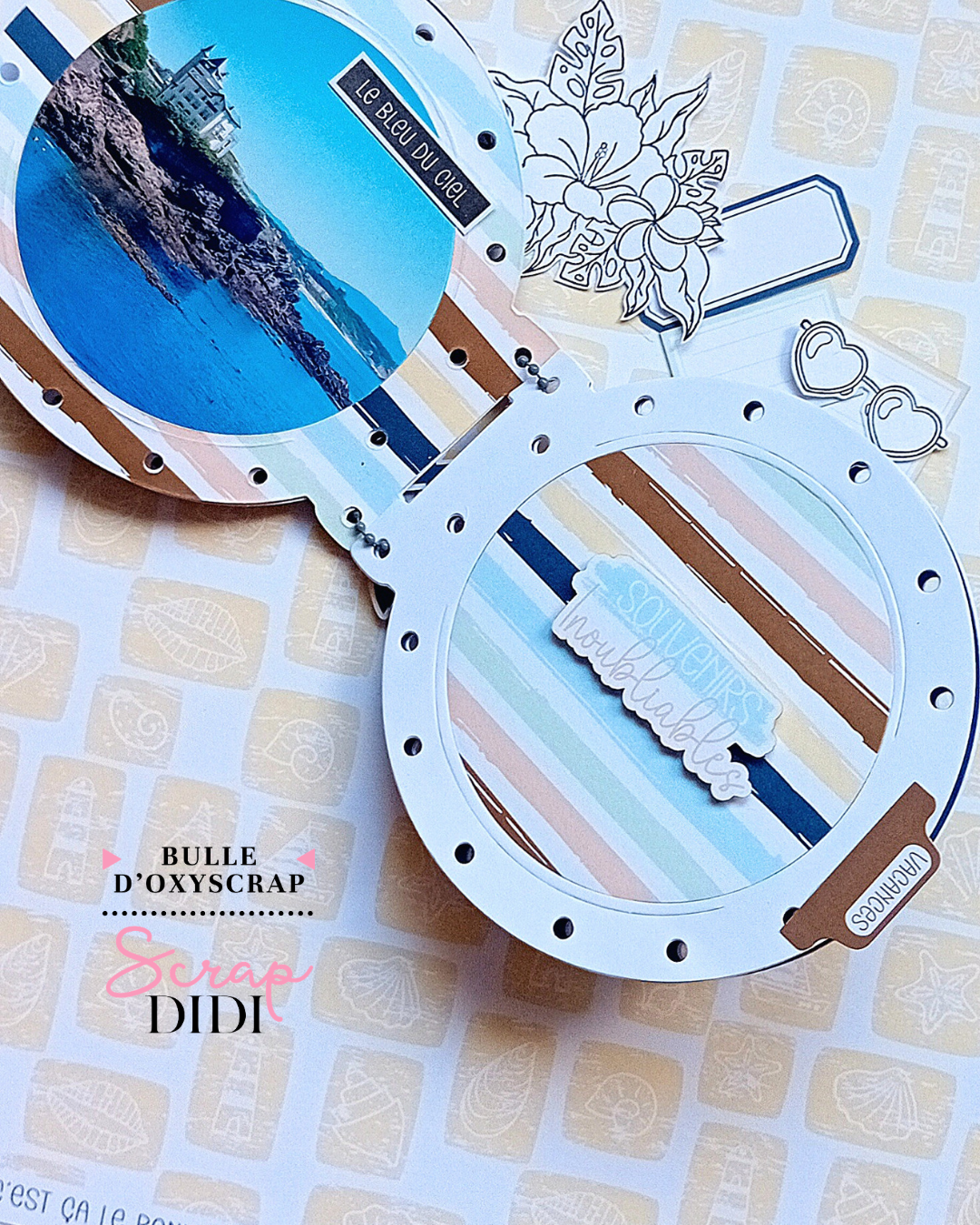 Mini album Hublot réalisé avec la collection Un air marin et une couverture en acétate Mini album Hublot réalisé avec la collection Un air marin et une couverture en acétate