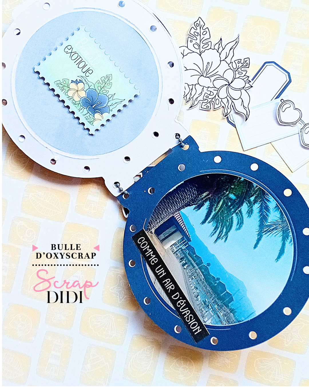 Mini album Hublot réalisé avec la collection Un air marin et une couverture en acétate Mini album Hublot réalisé avec la collection Un air marin et une couverture en acétate