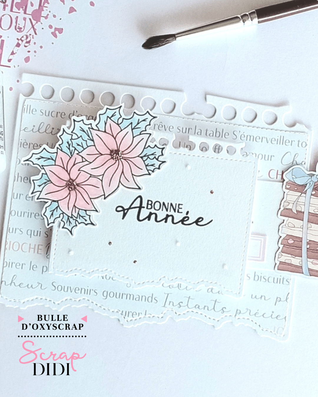 Carte de vœux à tirette avec message secret en scrapbooking, pages déchirées en 3D et décoration Douceurs d’hiver Carte de vœux à tirette avec message secret en scrapbooking, pages déchirées en 3D et décoration Douceurs d’hiver