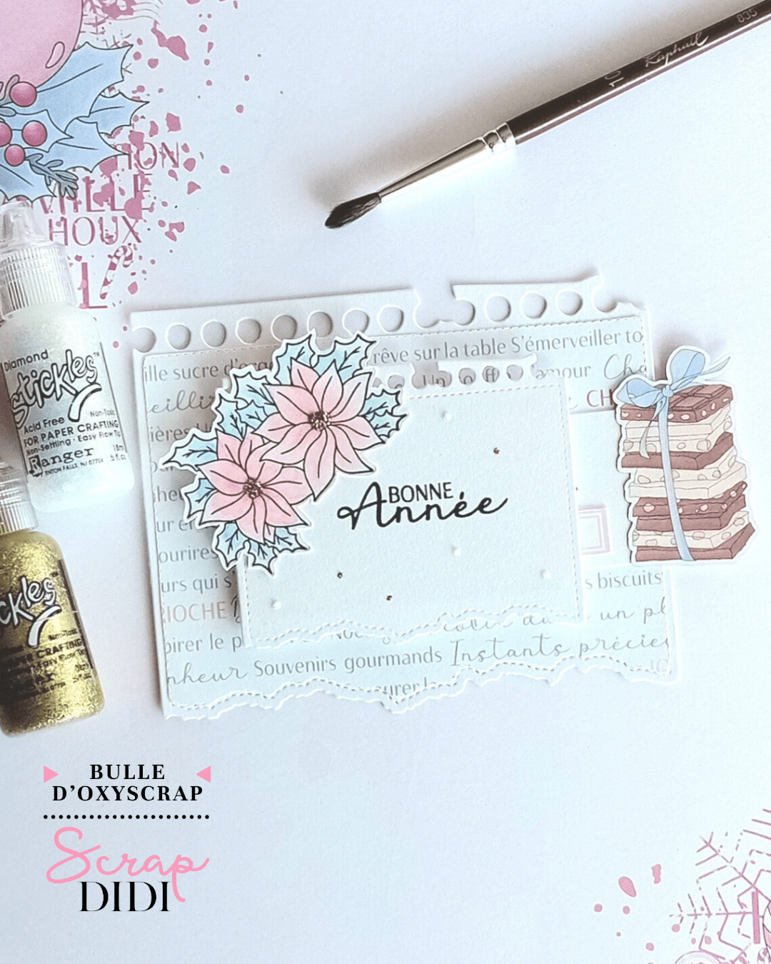 Carte de vœux à tirette avec message secret en scrapbooking, pages déchirées en 3D et décoration Douceurs d’hiver Carte de vœux à tirette avec message secret en scrapbooking, pages déchirées en 3D et décoration Douceurs d’hiver