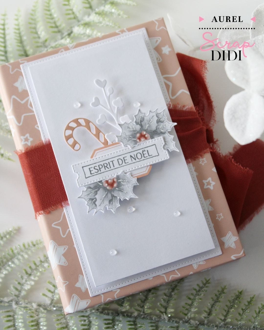 Ensemble marque-page et étiquette KDO scrapbooking avec Douceurs d’hiver : embossage blanc, poinsettias, houx, feutres à alcool et douceur hivernale