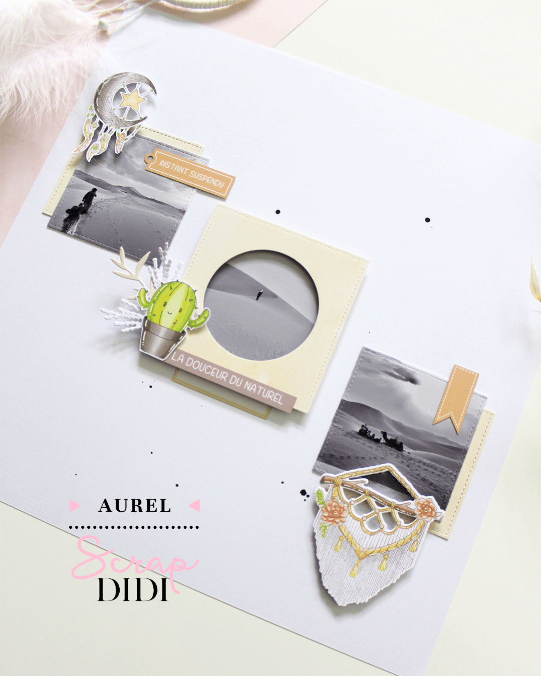 Page scrap La douceur du naturel avec collection Rêveries Bohémiennes et découpes couture Page scrap La douceur du naturel avec collection Rêveries Bohémiennes et découpes couture