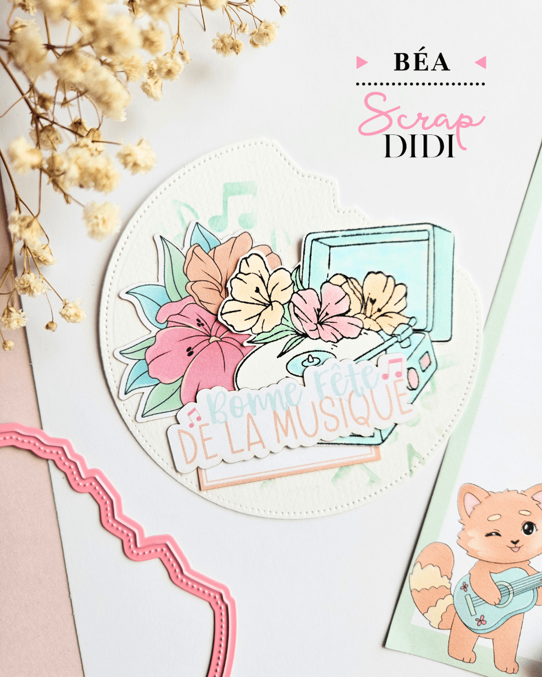 Création scrap Fête de la musique avec disque décoratif et tourne-disque fleuri Création scrap Fête de la musique avec disque décoratif et tourne-disque fleuri