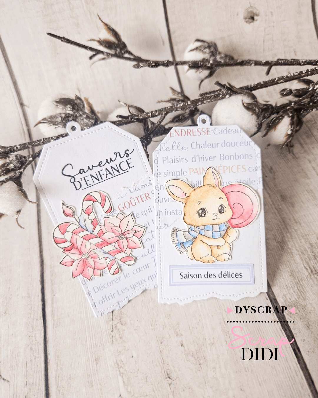 Étiquettes cadeaux scrapbooking réalisées avec matrices tags déchirées