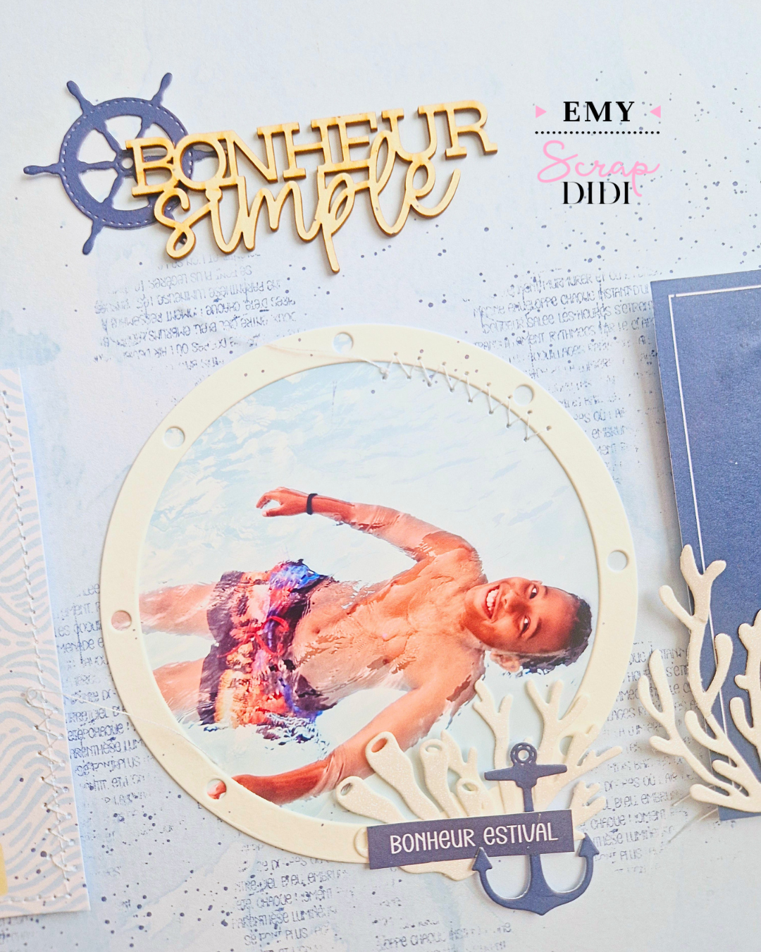 Page scrap Bonheur simple avec die Hublot et collection Un air marin Page scrap Bonheur simple avec die Hublot et collection Un air marin