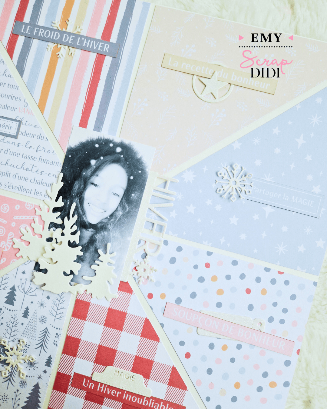Page scrap hivernale réalisée avec la collection Douceurs d’hiver, papiers imprimés et découpes pailletées Page scrap hivernale réalisée avec la collection Douceurs d’hiver, papiers imprimés et découpes pailletées