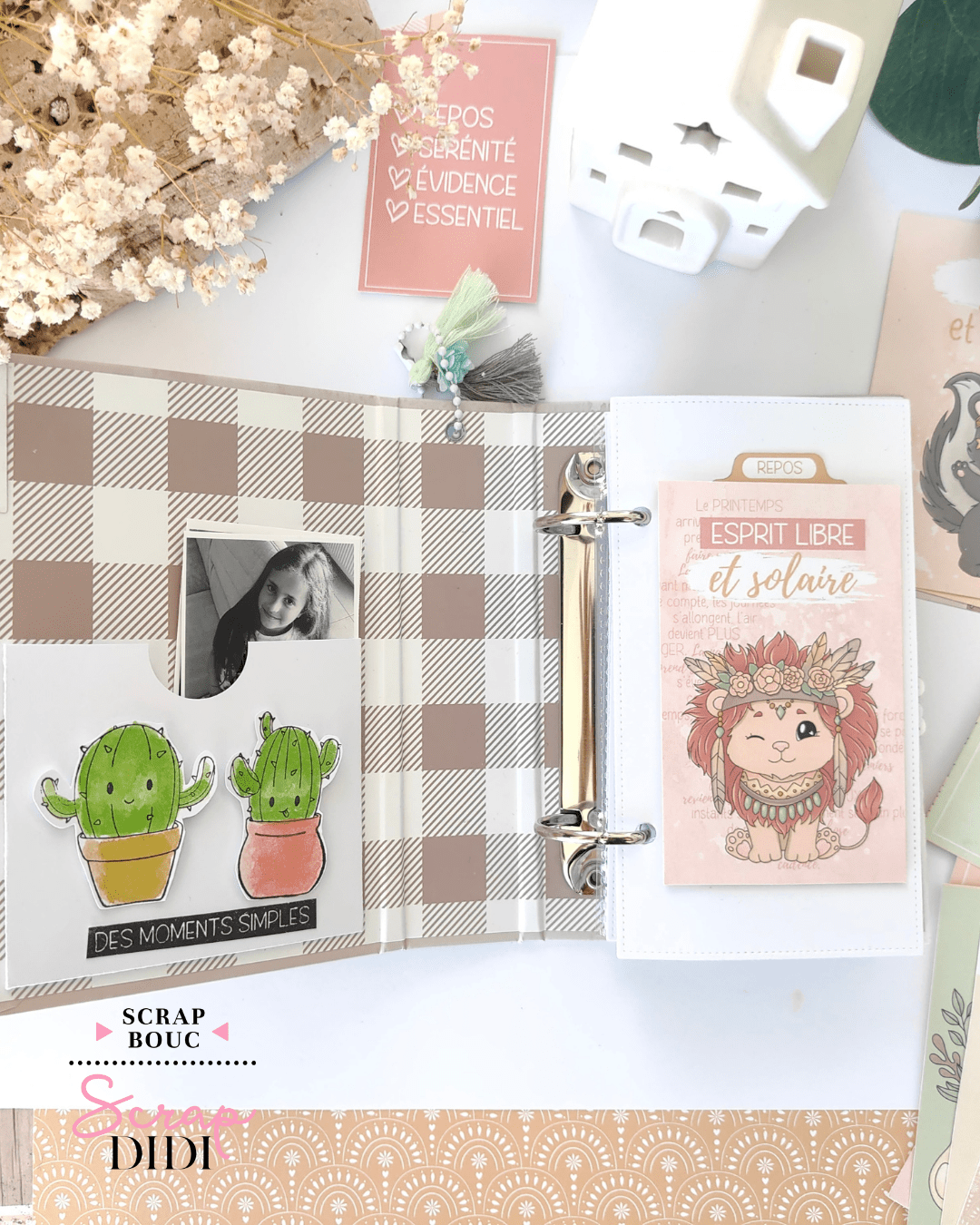 Carte scrap duo éléphants avec collections Rêveries Bohémiennes et Trésors de Pâques