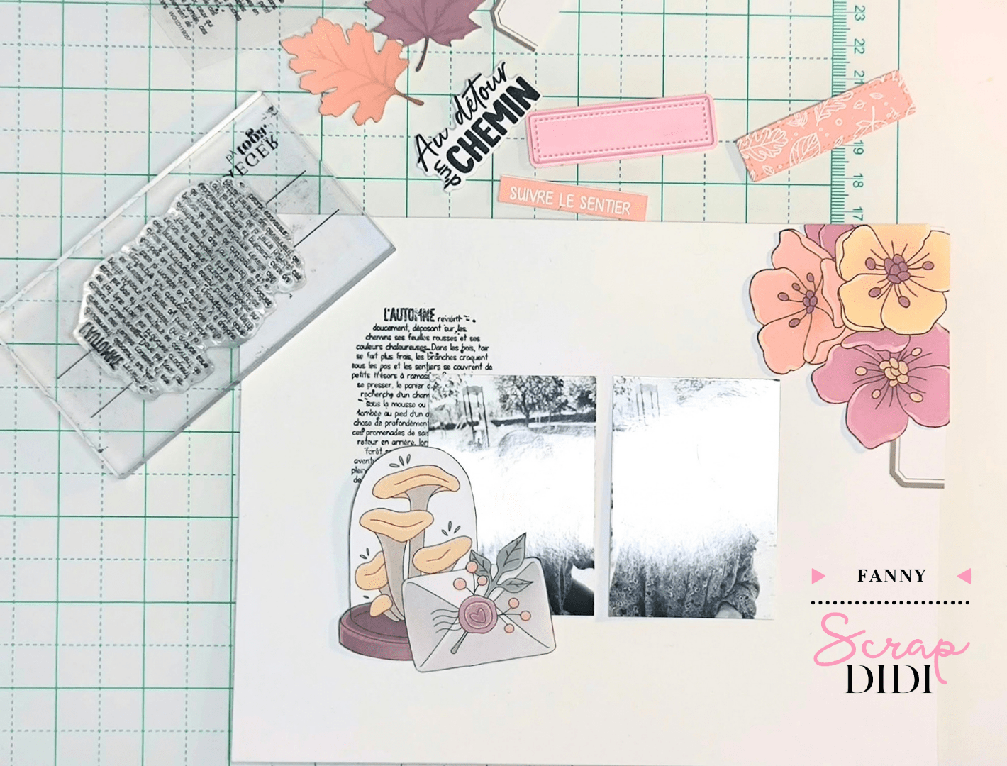 Mise en page des photos, die-cuts et découpes sur une page scrapbooking Au cœur de la forêt Mise en page des photos, die-cuts et découpes sur une page scrapbooking Au cœur de la forêt