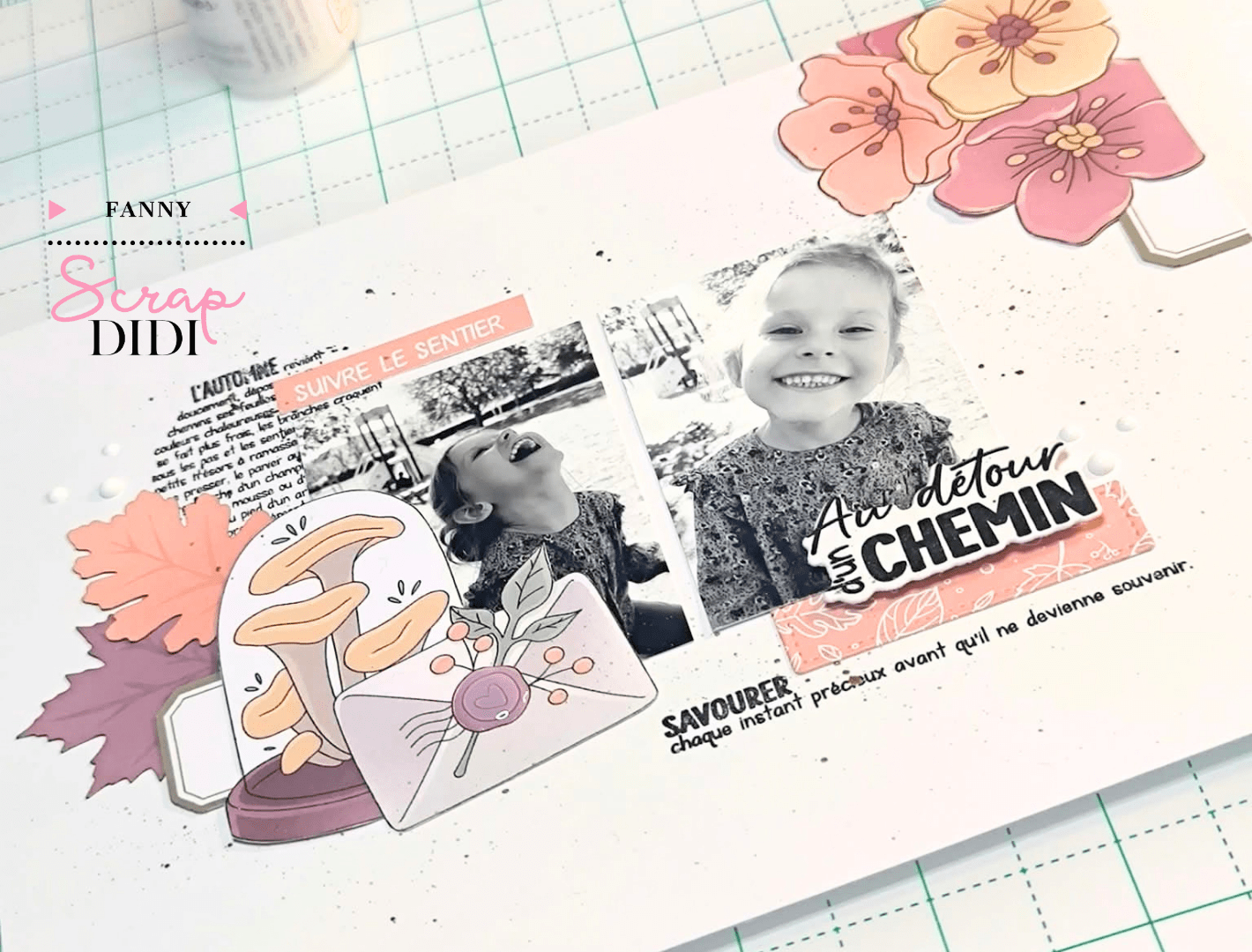 1. Page scrapbooking automnale terminée avec photos, feuillages, tampons et dots blancs 1. Page scrapbooking automnale terminée avec photos, feuillages, tampons et dots blancs